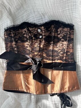 Y2K Nude Black Lace Corset Bustier Ribbon Detail Strapless Vintage Top